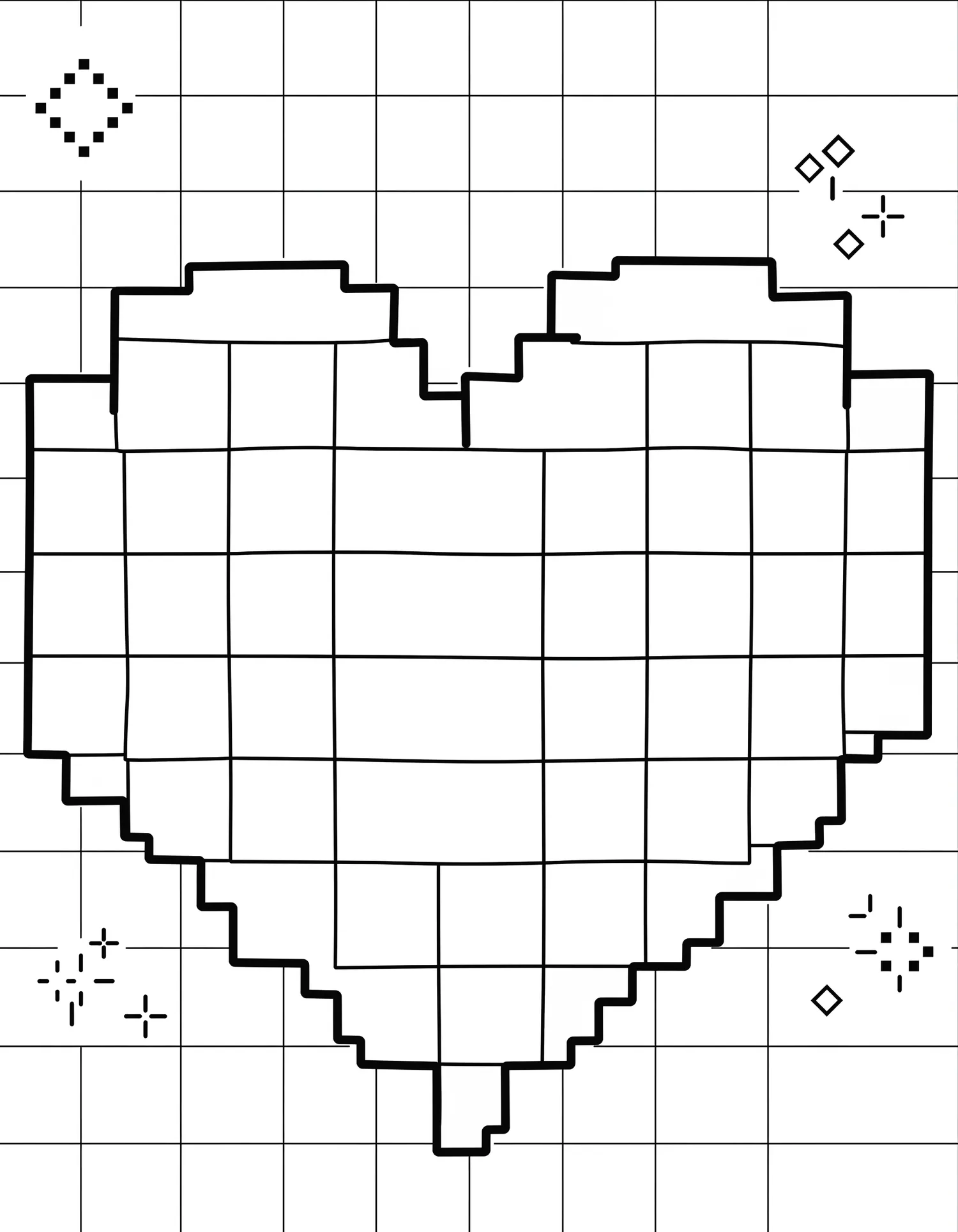Cœur Pixelisé 8-bit, Coloriage géométrique à imprimer gratuitement